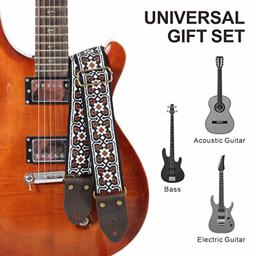 Image of Nefelibata Guitar Strap,Jacquard Embroidery Cotton Guitar Straps with Crazy Horse Leather Ends for Bass, Electric & Acoustic, Best Gifts for Kids, Guitarists(Vintage White Embroidery)