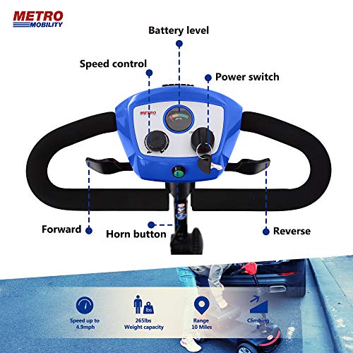 Metro Mobility Lite Compact Travel Electric Power Mobility Scooter for Adults - 265 lbs Max Weight, 4 Wheel, 18 in Width Leather Seats, Large Capacity Lead-Acid Battery, Matte Blue