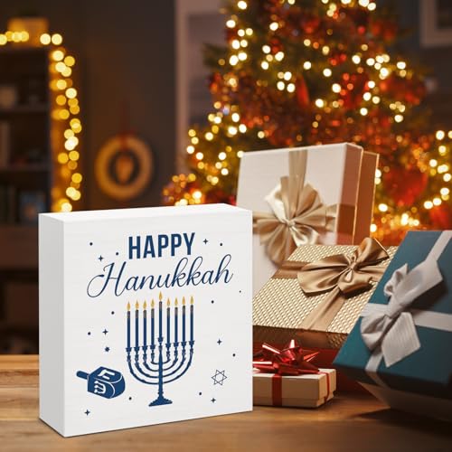 Image of Hanukkah Decor, Happy Hanukkah Wood Box Sign, Jewish Home Office Decorations for Desk Table Shelf 5 X 5 Inches