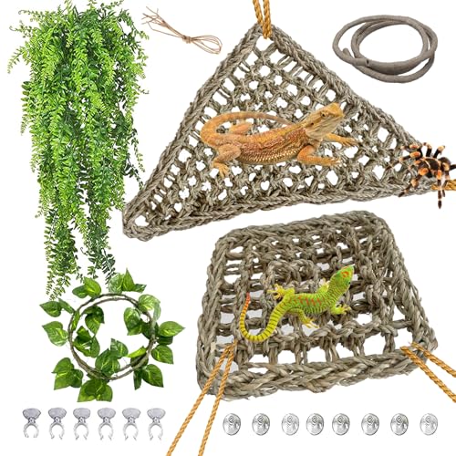 kathson Bearded Dragon Hammock Lizard Lounger Reptile Tank Hanging Plants Climbing Jungle Vines Flexible Leaves Decorations for Lizards Chameleon Gecko Snakes(5 PCS)