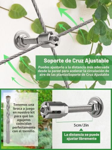 Miniatura 5 de Kalolary Enrejado De Alambre De Jardín Para Plantas Trepadoras, 30 M Kit De Enrejado Alambre Resistente Acero Inoxidable Kit Sistema De Enrejado De Cable De Abrazadera Cruzada Para Plantas De Pared