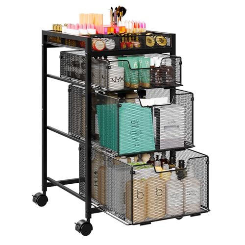 JKsmart Rolling Makeup Cart Organizer with 3 Drawers, Cosmetics Display with Dividers, Floor Skincare Storage with Wheels, Versatile Vanity Organizer for Nail Polish Perfume Brush Hair Tool, Black