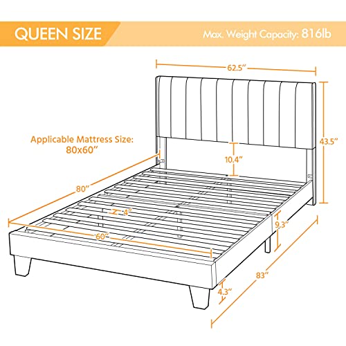 Yaheetech Upholstered Platform Bed With Wing Edge Channel Tufted Headboard Mattress Foundation/Heavy Duty Wooden Slat Support/No Box Spring Needed, Easy Assembly, Navy Blue, Queen Size #TOP1