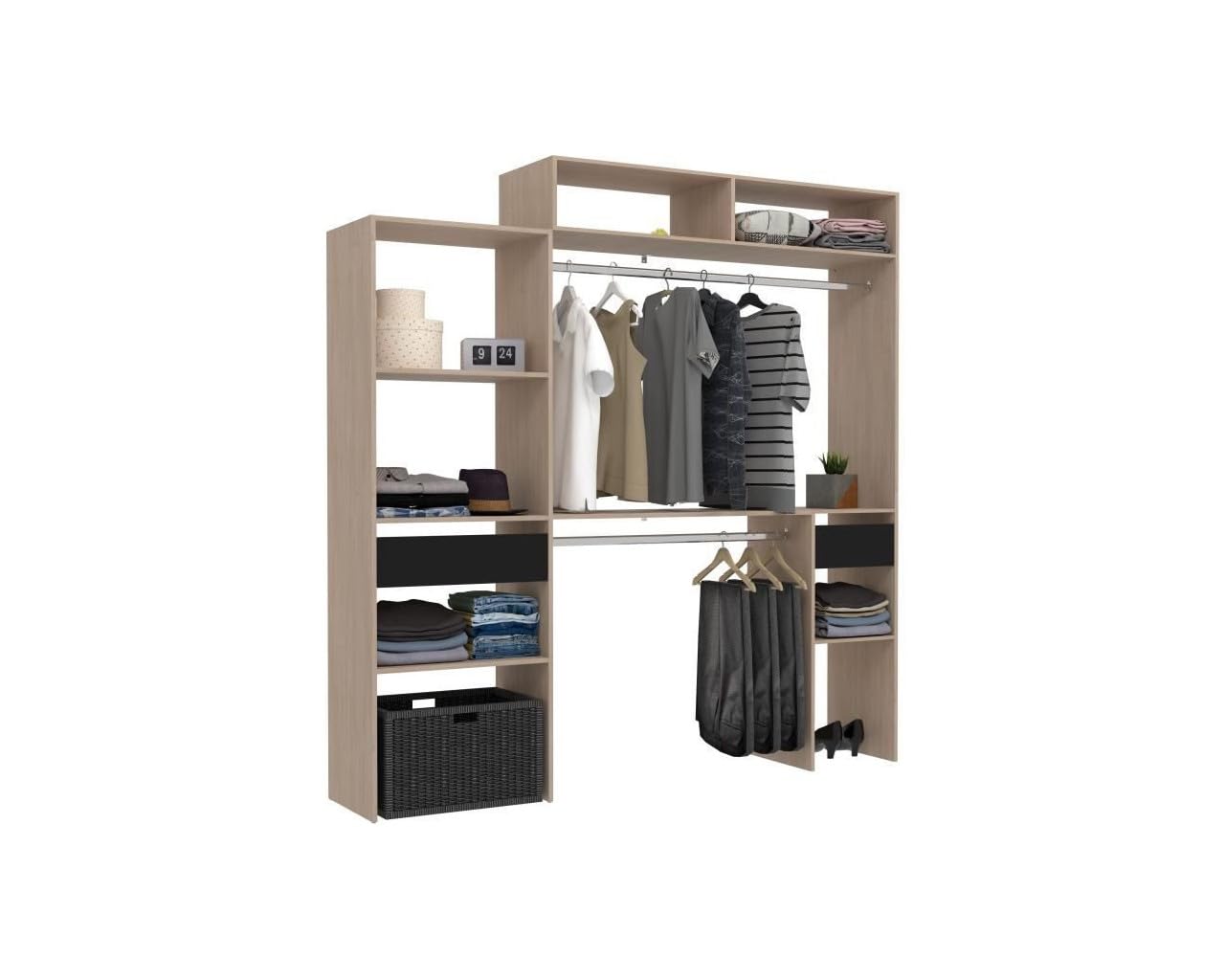 Kit dressing extensible ARTIC EKIPA - Chene et noir - 2 penderies + 2 tiroirs + Surmeuble - L198 x P40 x H202 cm