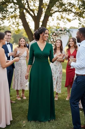 Image of CLOCOR Maxi Dress for Women Long Summer Short Sleeve Evening Formal V Neck A Line Dresses Wedding Guest Empire Waist Elegant