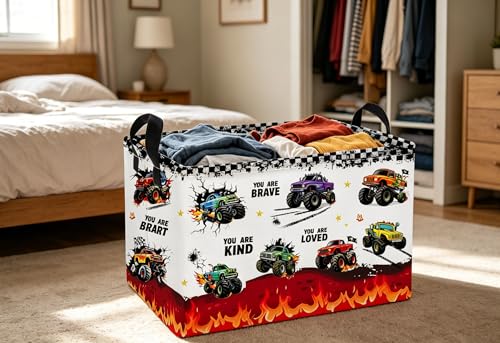 Image of Essme Rectangular Car Baskets,Monster Truck Storage Box,Cute Basket with Handles for Room Decor, Book Bins,Shelf Basket.(Flame truck)