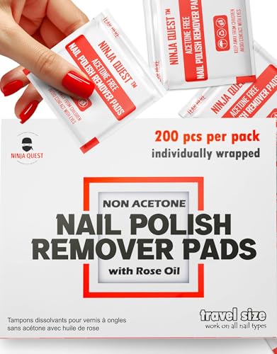 Nail Polish Remover Pads 100% Non Acetone - 200 Pack of Individually Wrapped Bulk Set Gel Nail...