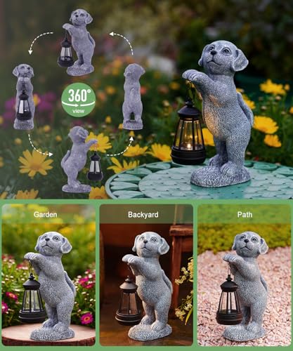 Yeomoo Hund Deko Solarlampen für Außen Garten - Hundfiguren Solar Lichterkette für Aussen Hunde Solar Gartenleuchten - Geschenke für Frauen Mama Männer Gartendeko Balkon Zimmer Terrasse Deko Grau