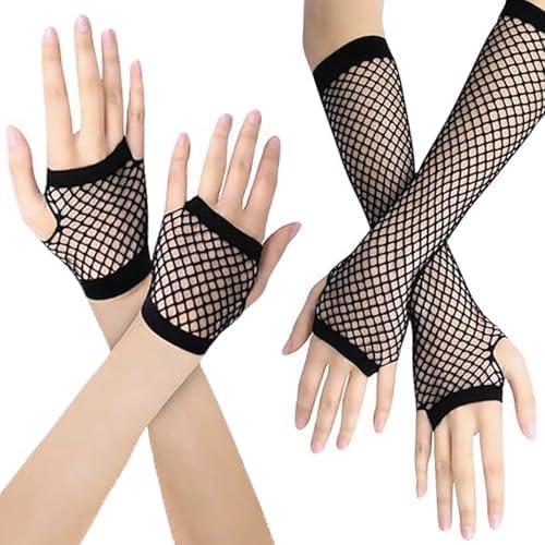 Luxiremi 2 Paare Fischnetz Handschuhe Fingerlos,2 Größen von Fischnetz Handschuhe für 80er Jahre Thema Party Halloween Cosplay Frauen Kostüm