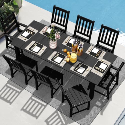 LOUNZY 9 Pieces Patio Dining Sets,Outdoor HDPE Furniture Set for 8 w/ 2" Hole Cut-Out Dining Table with 8 Patio Chairs(2 W/Armrest, 6 w/o Armrest),Black