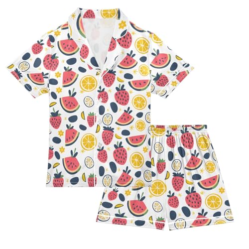 ALAZA Watermelon Strawberry Lemon Cartoon Pajamas Satin Pajama Set Short Sleeve Button Down Sleepwear