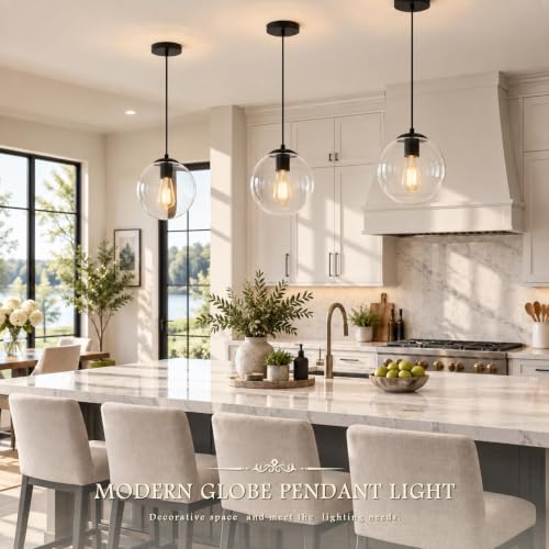 KoKo&Yukina 10" Clear Glass Pendant Lights Kitchen Island 2 Pack Modern Globe Pendant Light Mid-Century Modern Black Pendant Light Fixtures for Dining Room Bedroom Entryway Hallway (Bulb Included) - Image 2