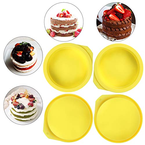 Silicone Cake Molds 4 Inch Round Cake Pans DIY Rainbow Layer Cakes Baking Mold Silicone Baking Pan Set for Cake Pancake Taco Shell Pizza Crust Omelet Frittata and Resin Craft, Set of 6, Yellow - Thumbnail 6