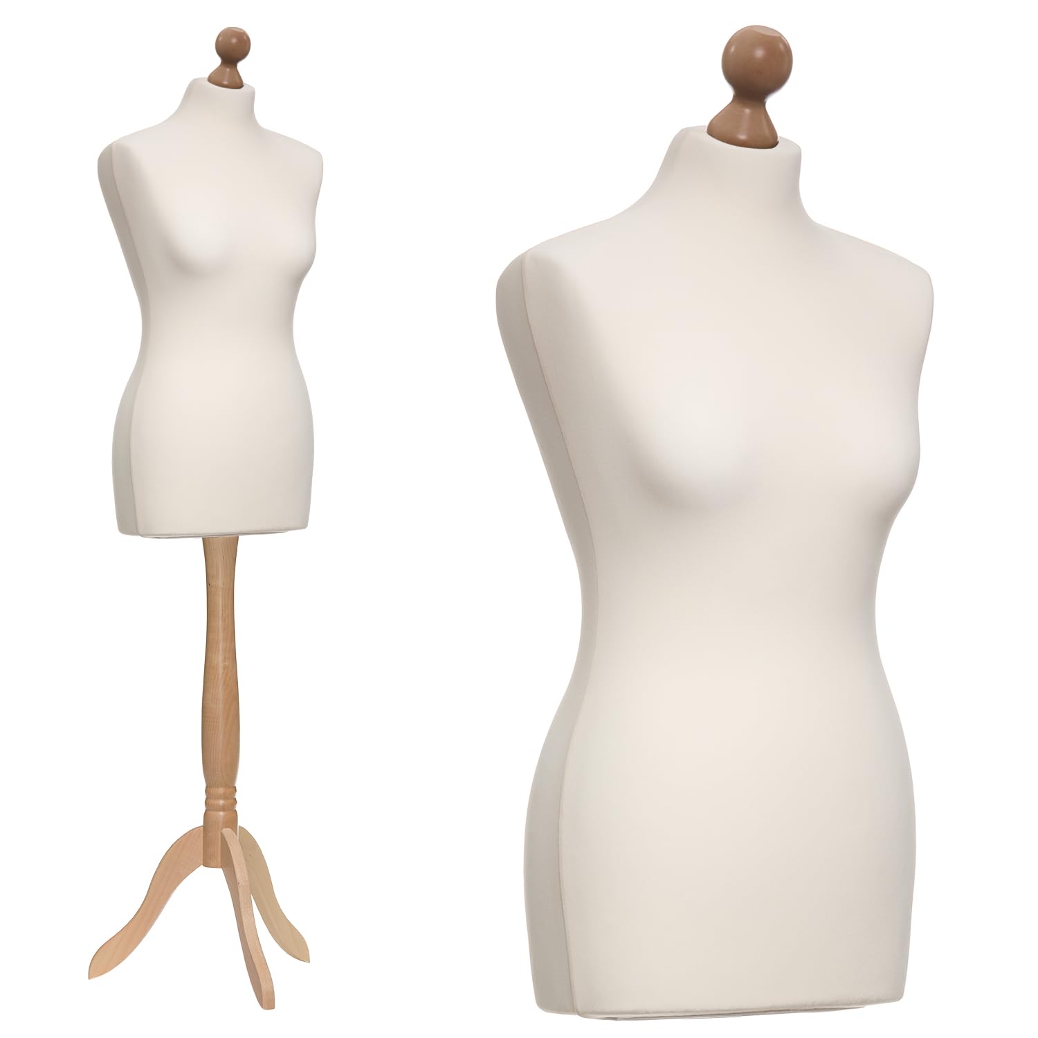 Schneiderpuppe weiblich Größe 34/36, Überzug Creme/Ecru, Holzdreibein Buche