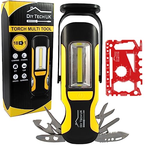 DIY TECH UK, 18 in 1 Torch Multi Tool Gifts for Men + Free 48 in 1 Wallet Tool, 300 Meter Beam, Gift for Him Husband