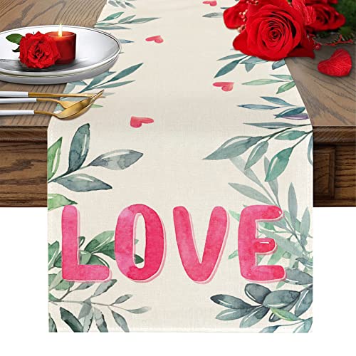 Camino de Mesa día de San Valentín Hojas Verdes Mantel de Lino con diseño de corazón de San Valentín para día de San Valentín Decoraciones para la Mesa de la Cena 30 * 180cm Cover