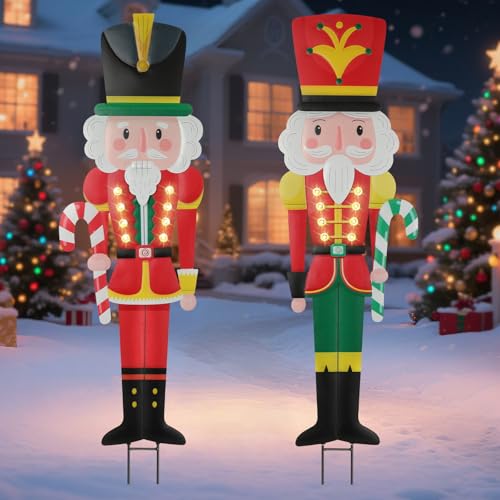 Lewondr 2 PCS Christmas Decororations Outdoor, 36.5" Solar Metal Nutcracker