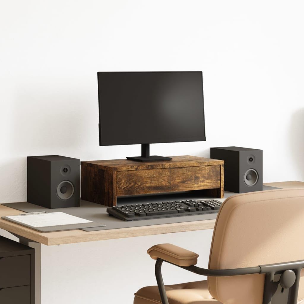 Supporto per monitor con cassetti in rovere affumicato, 50 x 27 x 15 cm, regolabile in altezza, ergonomico, per casa, ufficio, gaming, laptop, PC, notebook, scrivania da terra, porta cavi