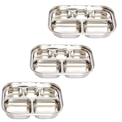 Stainless Steel Divided Tray Divided Dinner Snack Plate Kids Baby Plate Diet Plate Diet Food Control Tray 5sections Set (247x183x36mm 3pack)