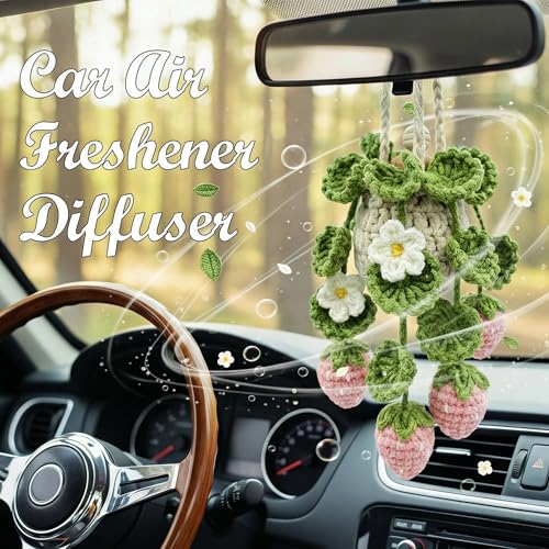 Image of Crochet Car Air Freshener Hanging, Cute Hanging Plant for Cars, Crochet Strawberry Plant with 10ml Empty Refillable Oil Diffuser Bottle, Handmade Boho Car Ornament Charms for Rear View Mirror, Pink