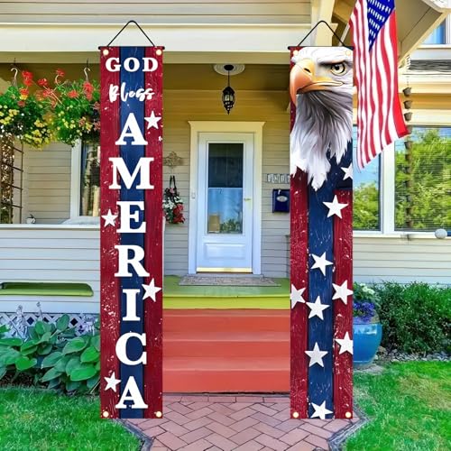 Image of BlissYard 4th of July Door Banner Set Patriotic American Flag Porch Decorations God Bless America Hanging Sign for Front Door Independence Day Outdoor Decor Memorial Day Veterans Party Banner