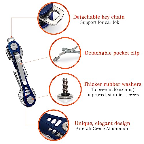 Em Key Holder Keychain For Men - Aircraft-Grade Aluminum Key Organizer Up To 14 Keys, Car Keychain, Ring Holder, Keyring, Belt Key Holder, Minimalist Smart Key Chain - Navy Blue Keybar #TOP1