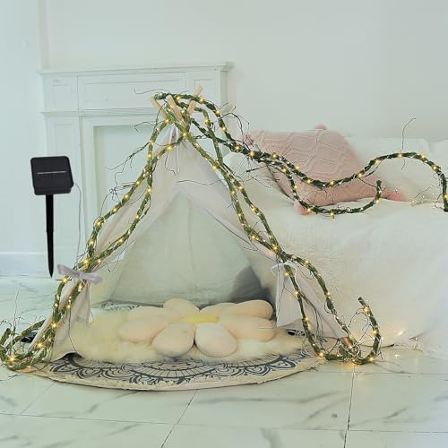 118inch Long Grapevine Garland With Solar String Lights Bendable Fake Tree Branches For Decoration Artificial Tree Twigs Wall Room Hanging Garden Fence Patio Yard Wedding Decorating (Green, Large)