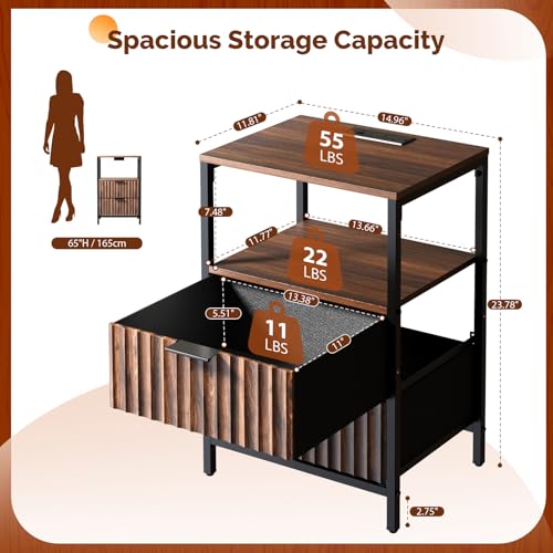 Image of VINGLI Walnut Nightstand with Charging Station and Fabric Drawers, Fluted Nightstand with Drawers, Bedside Table /End Table with Charger Station, Side Table Bedroom, Small Night Stand Dark Walnut