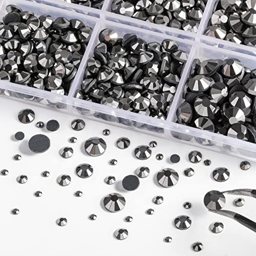 Image of 6736pcs Hotfix Rhinestones Flatback,Hematite Rhinestones for Crafts Clothes Mixed 5 Sizes, Hotfix Crystals with Tweezers and Wax Pencil Kit, SS6-SS30,Hematite