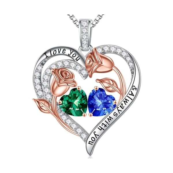 Iefil Birthstone Necklace for Women - 925 Sterling Silver Rose Heart Birthstone Necklace Birthday Anniversary Jewelry Gifts for Her Wife Mom Daughter