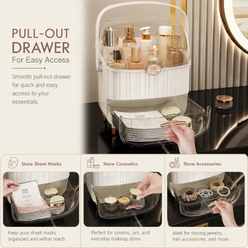Image of Dravizon Dustproof Cosmetic Storage Box, Cosmetics Skincare Jewelry Lipstick Organizer, Multi-Function Make Up Case, Cosmetics Storage Box, Makeup Organizer with Lid (White) (Cream)