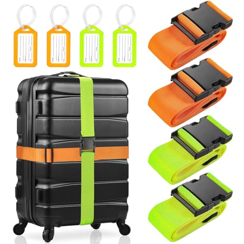 4 Sangle Valise, Sangle Valise Voyage avec 4 Etiquette Valise Voyage, Réglable Sangles à Bagage Accessoire Voyage Avion pour Reconnaître Rapidement