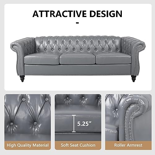 Image of QHITTY 2 Piece Living Room Set, Sectional Chesterfield Sofa Chair Contemporary Upholstered Leather Loveseat Couch Sets for Living Room, Bedroom, Office (Grey)