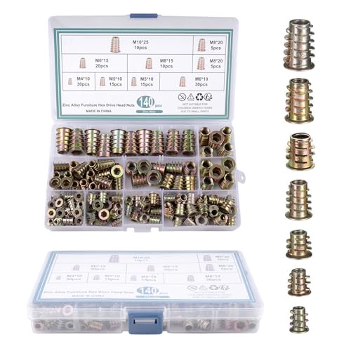 milaosk 140 Pièces Insert Fileté Bois M4 M5 M6 M8 M10,Écrou à Visser en Alliage de Zinc Écrou à Bois à Insert Fileté Écrous à Six Pans Creux pour Meubles en Bois pour Meubles en Bois