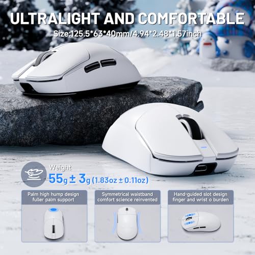 Image of ATTACK SHARK X8 Ultra Wireless Gaming Mouse, 42000 DPI PAW3950MAX Sensor, 8000Hz Optical Nordic 52840 Tri-Mode 2.4G /BT /Wired, 55g Lightweight Big Hand Ergonomic Mouse with Coiled Cable-White&Tape