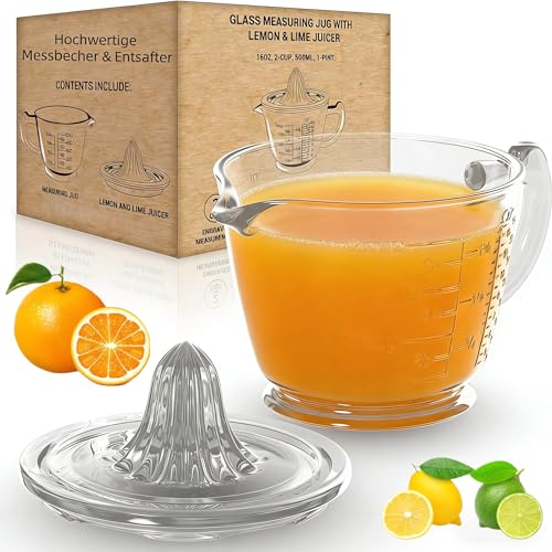 ALYBSOO Zitronen- und Limettenpresse Manuell aus Glas Messbecher 500ml 2-Cup BPA-frei Spülmaschinenfest Geeignet für Zitrone Limette Orange Grapefruit