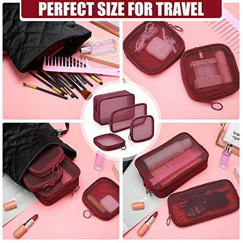 Weewooday 4 Pcs Mesh Makeup Bag Mesh Cosmetic Bag Travel Toiletry Pouch with Zipper Mini Makeup Cosmetic Purse for Daily Accessory(Small, Large, Medium,Wine Red)4