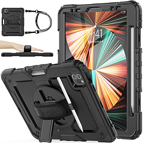 SEYMAC stock Coque pour iPad Pro 11 2021/2020/2018, Coque de Protection Robuste pour iPad Pro 11 avec Protecteur D'écran Porte-Crayon [Béquille Rotative à 360 Degrés] Dragonne et Bandoulière (Noir) Cover