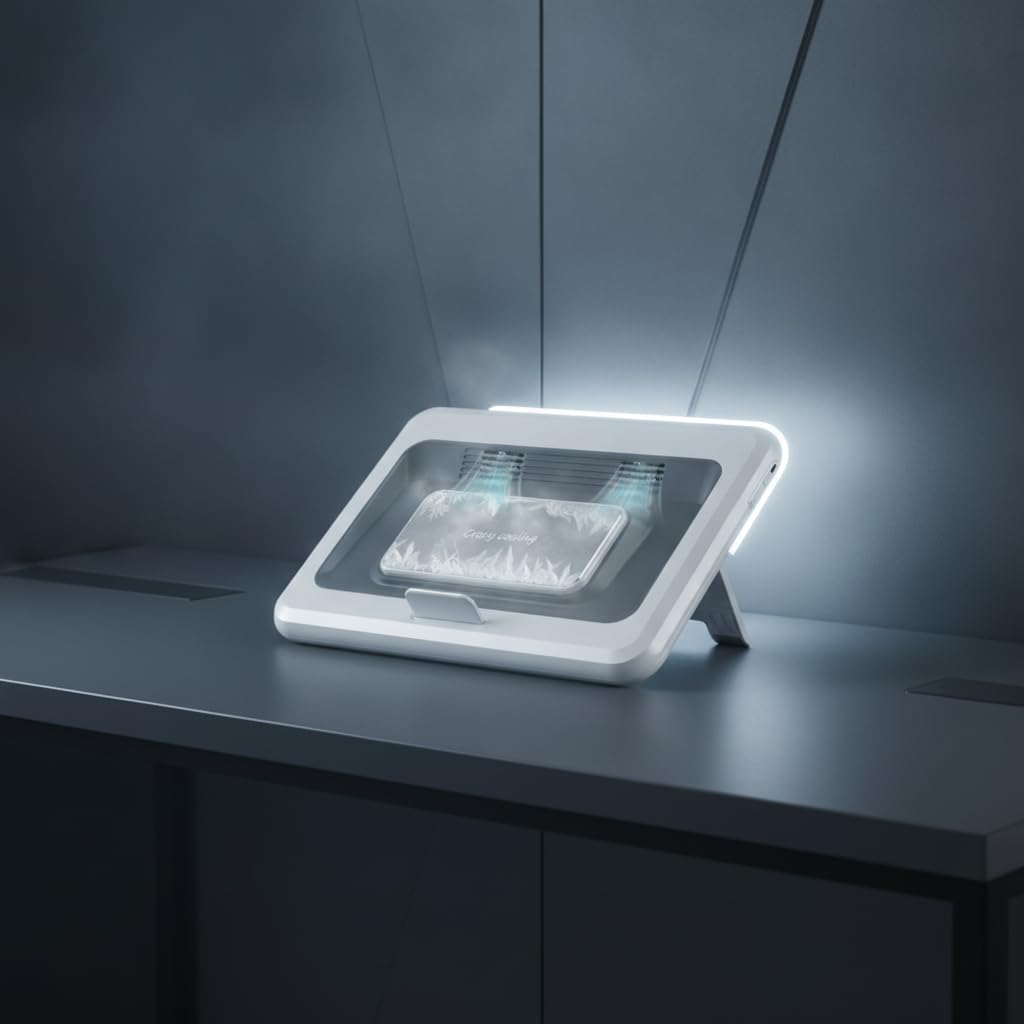 Base Refrigeradora Portátil Plegable y Soporte Ergonómico para y Escritorio – Elevador con Ventilador, Blanco Plateado, Plata