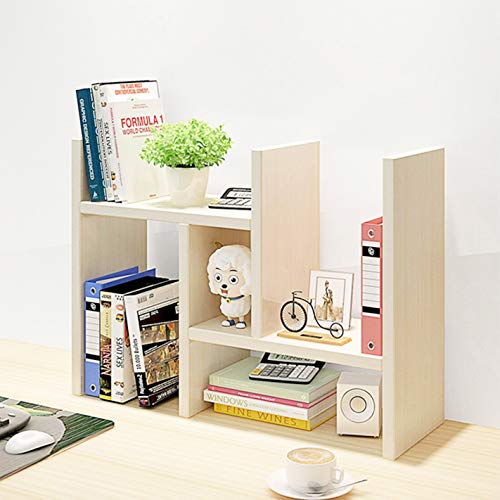 Office Desktop Bookshelf Adjustable Wood Display Shelf Desktop Organizer Office Storage Rack Countertop Bookcase Office Supplies Desk Organizer Accessories (White) - Thumbnail 3