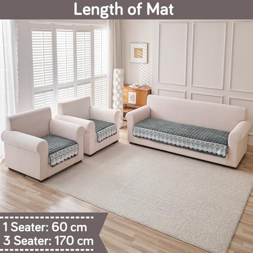 Image of HOKIPO 'BelleLace Series' 5 Seater Sofa Cover Mat in 3+1+1 Configuration | Imperial Milk Velvet with Lace Design | Porpoise Grey (AR-5966+5962 * 2-DGRY)
