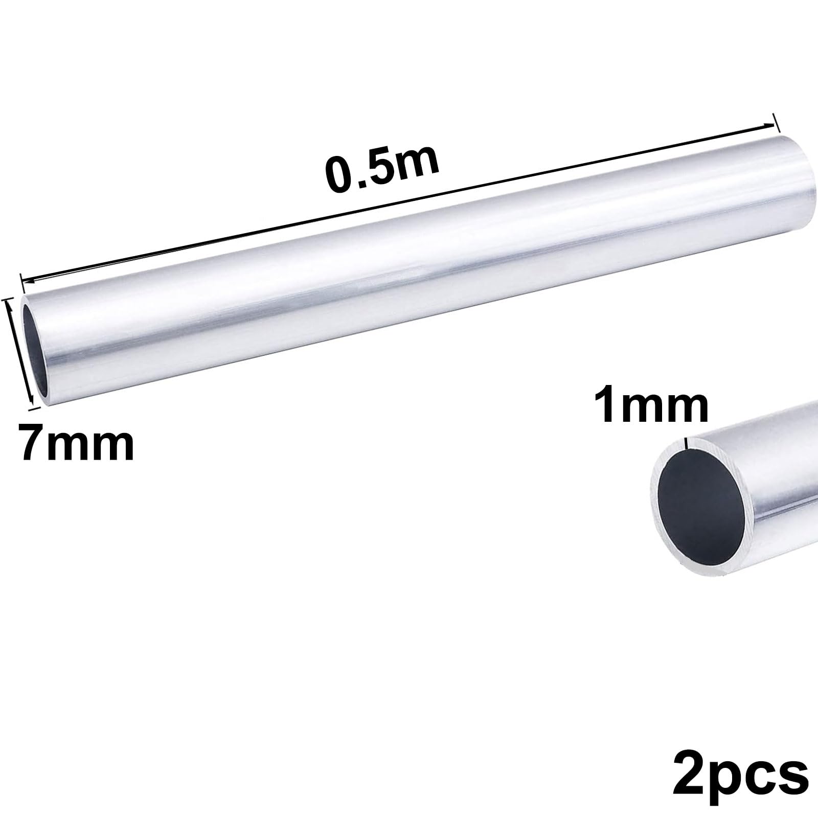 COYOUCO Aluminum Round Tube,4-8Mm OD,1Mm Wall,500Mm Length,2Pcs,for DIY Crafts Model,7mm