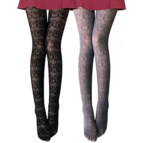 VERO MONTE 2 Pairs Womens Hollow Out Knit Tights (Grey + Black) Lace Stockings Cover