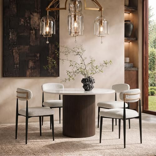 Farati 42 Inch Round Dining Table for 4 Modern White Marble Table with Fluted Solid Wood Base for Kitchen Dining Room and Apartment