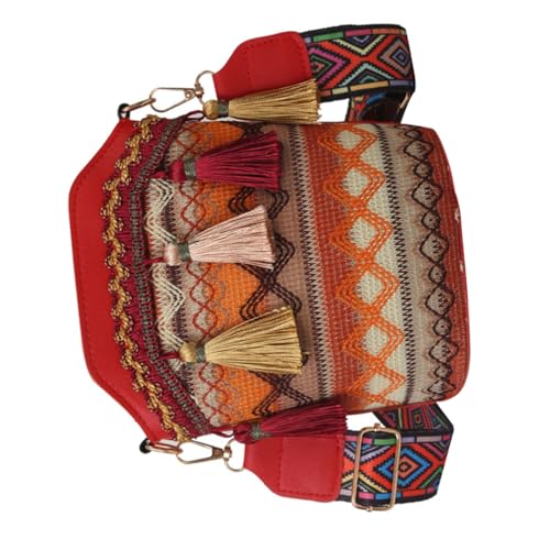 LRXIYODE Bolso Bandolera Cubo para Mujer Estilo Étnico con Bordado y Flecos Bolsa de Hombro Portátil para Compras Viajes y Uso Diario Color Rojo