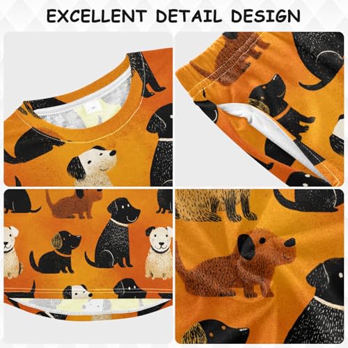 Long Sleeve Pajama Set for Girls Boys,Dogs Pattern on Orange Comfy Crewneck Sleepwears,Soft Kid's Homewear Clothes Underwear Sets 4T3