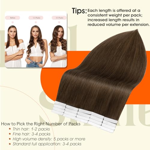 Image of Full Shine Tape in Extensions Human Hair 18 Inch Real Tape in Hair Extensions Color 4 Middle Brown Hair Extensions Real Human Hair Straight Seamless Skin Weft 20Pcs 50G Remy Invisible for Women