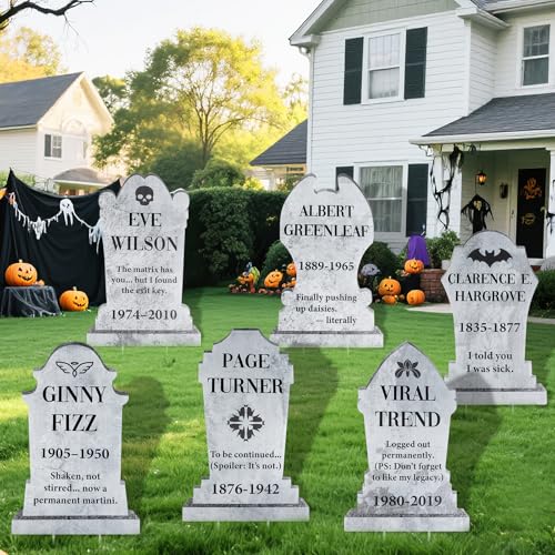 Wlicon 6 PCS Halloween Tombstones Yard Signs Realistic Halloween Graveyard Signs Outdoor Tombstones Lawn Decorations for Halloween Horror Party Outdoor Garden Yard Decoration