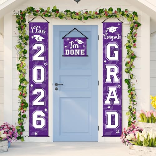 Image of Moukeren 3 Pieces 2026 Graduation Party Decorations Graduation Porch Sign Class of 2026 Grad Hanging Porch Banner Backdrop Door Sign for Grad Party Home Door Wall Decor(Purple)