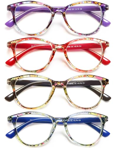 YTDBNS Fashion Cat Eye Reading Glasses for Women, 4-Pack Floral Pattern Readers with Spring Hinges, Lightweight Comfortable Frame, Anti Eyestrain Cheaters